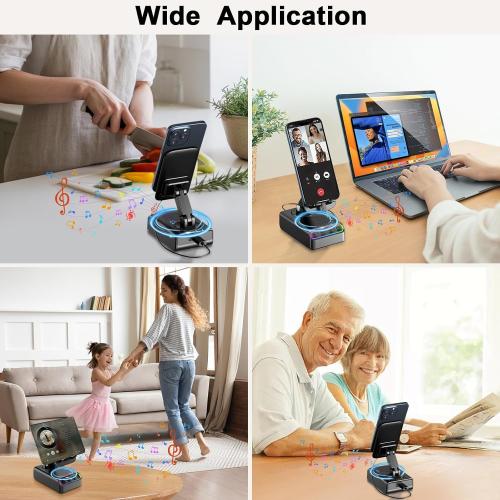 Adjustable Cell Phone Stand with Wireless Induction Bluetooth Speaker, HD Surround Sound for Home and Outdoors, Compatible with iPhone/iPad/Samsung Galaxy, Popular Gifts for Men Women Dad Mom