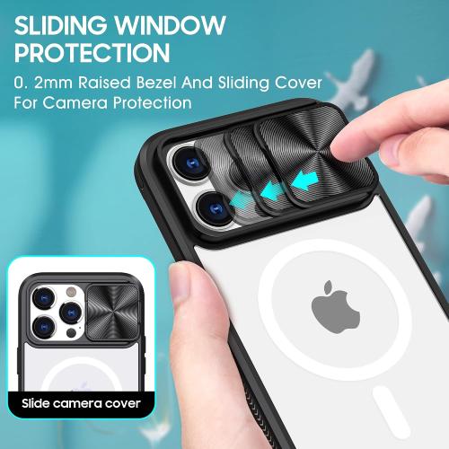 Clear Case Compatible with iPhone 14 Pro MagSafe with Sliding Camera Cover Protector, [Strong Magnets][Anti Yellow] Transparent Back Soft TPU Frame, for iPhone 14 Pro 6.1 (Black)