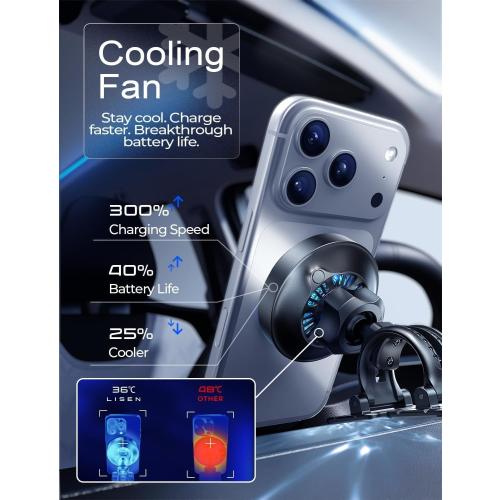 LISEN Qi2.2 25W MagSafe Car Mount Charger with Cooling Fan, Fast Charge for iPhone 18 Pro Max, Certified 3 in 1 Magnetic Wireless Car Chager for iPhone 17 16 15 Pro Max, Car Charger and Cable Included