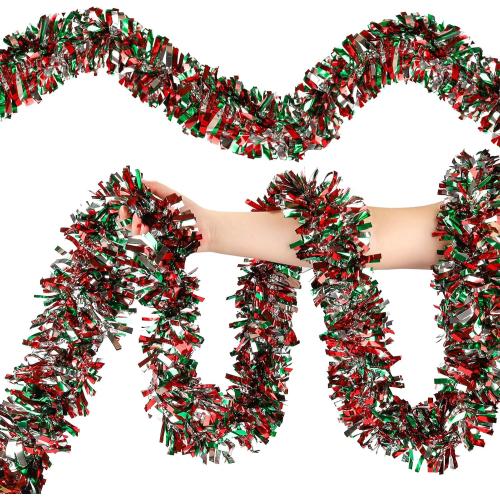 50FT Christmas Tinsel Garland, Red Green&Silver Metallic Twist Shiny Hanging Garland Ornaments for Christmas Tree, Party Supplies Thick Metallic Xmas Streamers