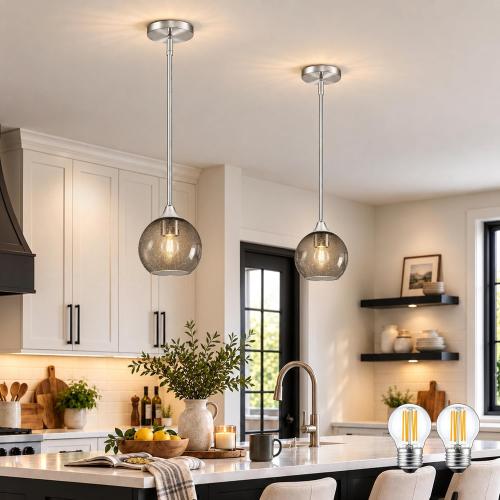 6 Gray Glass Modern Pendant Light Kitchen Island 2PK Mid Century Brushed Nickel Modern Pendant Lighting with Glass Globe Modern Hanging Pendant Light for Dining Room Foyer（Bulb Incl.