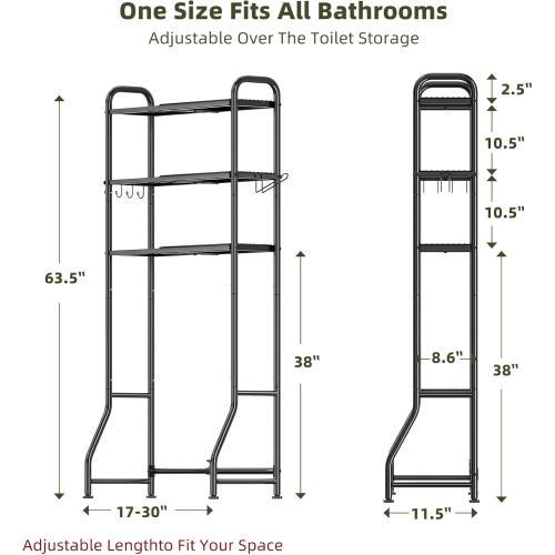 Simple Trending Expandable Over The Toilet Storage Rack, Metal 3 Tier Bathroom Organizer Shelf with Paper Holder and 3 Hooks, Black
