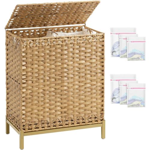 SETVSON Laundry Hamper with Lid, 112 L Handwoven Rattan Wicker Laundry Basket, 2 Removable Liner Bags Metal Heightened Feet, 6 Mesh Bags, 2 Section Large Clothes Hamper for Bathroom Bedroom, Natural