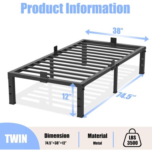 Twin Bed Frames 12 inch High 3500 lbs Heavy Duty Metal Platform Mattress Foundation with Steel Slat Support/No Box Spring Needed/Noise Free/Non-Slip/Easy Assembly
