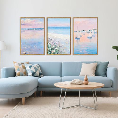 IARTTOP Pink Beach Wall Art Coastal Landscape Wall Decor Seascape Art Print | 24”x36”x3 Framed Sea Landscape Canvas Poster,Pink Coastal Room Decor,Beach Landscape Wall Art,Coastal Beach Wall Decor