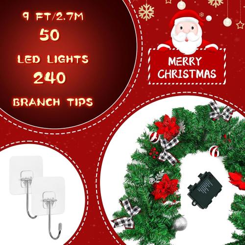 Christmas Garland with Lights, Pre-lit 9ft Christmas Decorations with 50 Warm White LED Lights, Berries, Balls, and Red Flower for Door, Stairs, Railing, Indoor, Outdoor, Battery Operated
