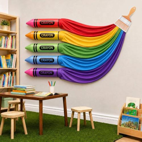 Back to School Giant Crayon Classroom Decor, Rainbow Wall Kit
