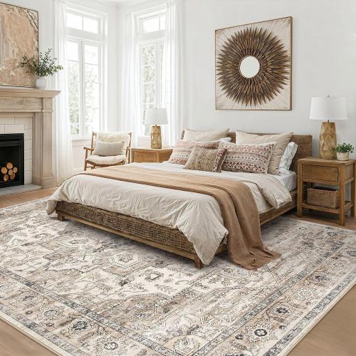 Area Rug 7x9 Washable Vintage - Soft Traditional Rugs for Living Room Large Non Slip Backing with Low Pile Farmhouse Oriental Retro Carpet for Bedroom Dining Room or Home Office - Tea Brown