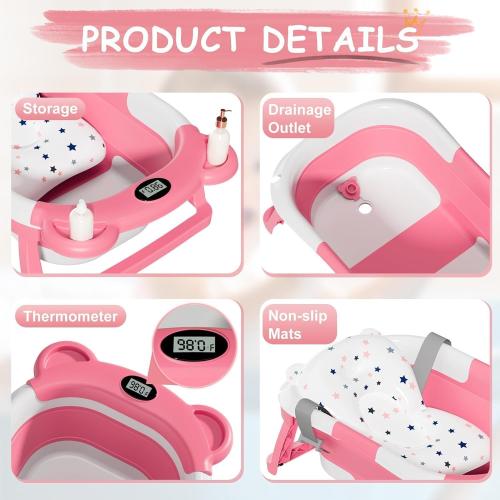 TPN Collapsible Baby Bathtub, Baby Bath Tub with Soft Cushion & Real-Time Thermometer, Baby Bathtub Infant to Toddler Tub (0-36 Months), Portable Newborn Travel Bath Tub
