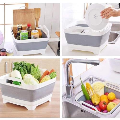 9L (2.4Gal) Dish Basin Collapsible with Drain Plug Carry Handles,Kitchen Storage Tray Dish Wash Basin, Portable Dish Tub, Foldable Dishpan for Camping,RV,Gray