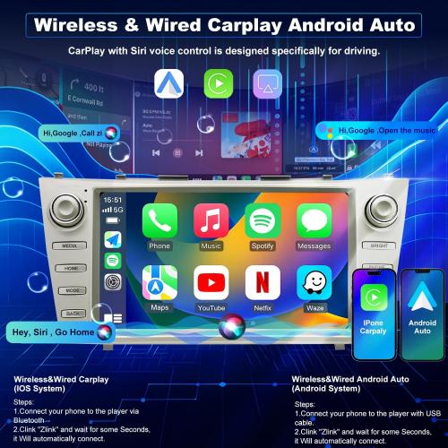 64G 5GWiFi Upgrade Android Car Radio for Toyota Camry 2007 2008 2009 2010 2011, Head Unit HD 9inch Touch Screen Car Stereo Wireless Carplay Android Auto Bluetooth GPS Navigation SWC FM Backup Camera