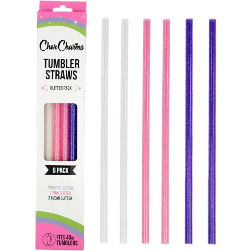 CharCharms Replacement Straws for Tumblers - Pack of 6 Glitter Plastic Straws for 40oz Tumbler with 10mm Diameter, BPA Free, 12'' Reusable Cup Straw, Dishwasher Safe Straw - red, green, and gray.