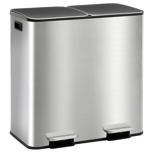 DUMOS 2 x 10.5 Gallon Kitchen Trash Can with Lid, Stainless Steel Garbage Can with Soft-Close Lid & Removable Inner Buckets, Dual Compartment Step-on Waste Bins for Kitchen, Home Office