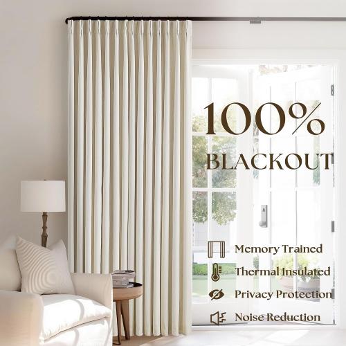 Cream Beige Linen Pinch Pleat Black Out Curtains 84 Inch Length 2 Panels