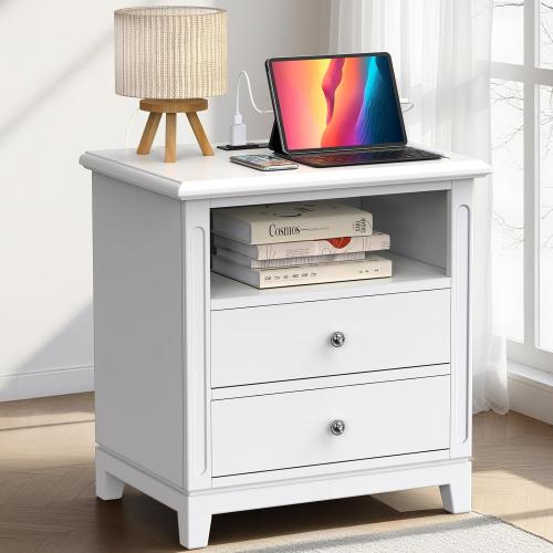 24 Wide Farmhouse Nightstand with Charging Station, Solid Wood End Table with 2 Large Drawers & Open Shelf, Bedside Table with USB Ports and Outlets, Side End Table for Bedroom 1 ? BROWN ‼️