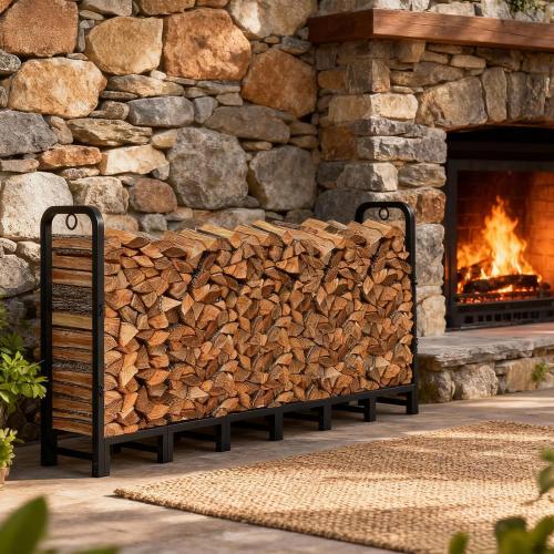 Garvee 8 ft Metal Firewood Rack, Adjustable Fire Wood Rack with 2 Lock Rings, Indoor Outdoor Log Holder, Heavy Duty Firewood Holder, Holds Up to 660 LB, Matte Black
