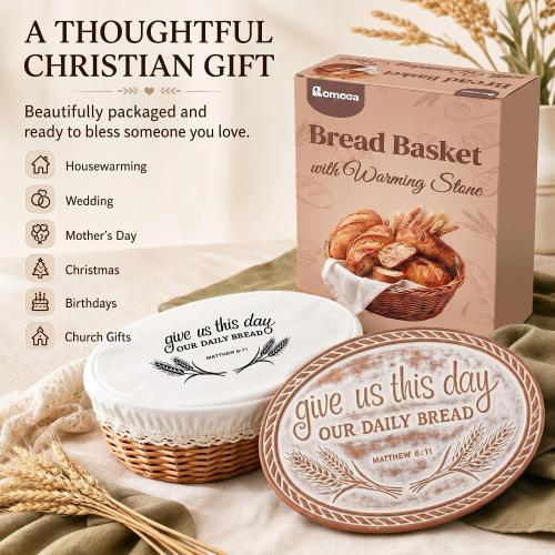Bread Warmer Basket with Warming Stone, Christian Gift