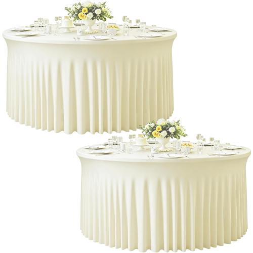 GALLETY 2 Pack Ivory Round Tablecloth for 5FT Tables, 120 inch Fitted Spandex Table Cloth with Skirt, Wrinkle Free Stretchy Circular Table Cover for Wedding, Party, Banquet, Event & Vendor Display