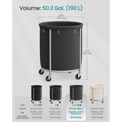 SONGMICS 50.2-Gallon (190 L) Laundry Basket with Wheels, Rolling Round Heavy-Duty Laundry Hamper Cart with Steel Frame and Removable Bag, 2 Locking Wheels, Ink Black and Metallic Silver URLS001B01