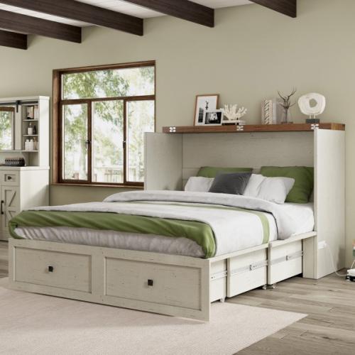 Size Queen Color White Wilkinson Farmhouse Queen Murphy Bed with Large Storage Drawer & Charging Station, White