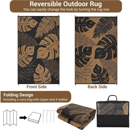 Outdoor Rug 9x18 Patio Waterproof, Foldable Reversible Outdoor Plastic Straw Rug Leaf Mat for Camper Outside Carpet for Rv, Deck, Porch, Picnic, Beach, Balcony Leaf|Black&Brown