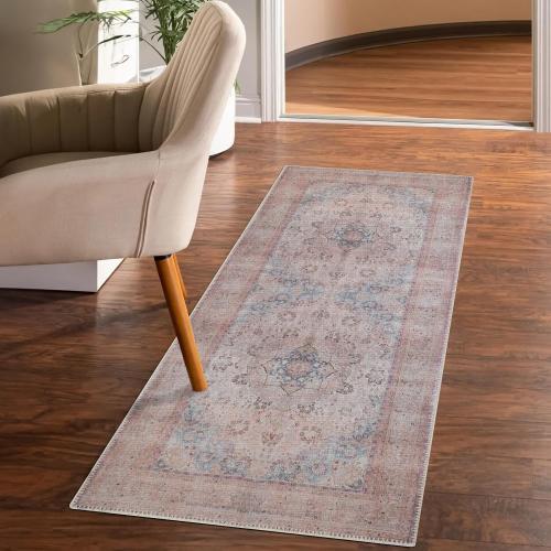GLN Rugs Vintage Collection - Machine Washable Area Rug, Vintage Washable, Non Slip, Low Pile Rug, Living Room, Bedroom, Bathroom Rug - Easy Clean (2'6x7' Multi/Pink)