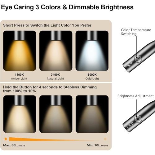 Gritin LED Neck Reading Light,Book Light for Reading in Bed-Eye Caring 3 Colors, Dimmable Brightness, Bendable Arms, 80 Hrs Runtime, Neck Round Design, Comfortable &Lightweight for Crafting, Knitting