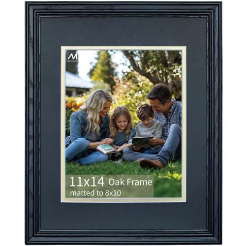 11x14 Picture Frame Matted to 8x10 - Thickened and Widened, Mortise & Tenon, USA Natural Oak Wood with Real HD Tempered Glass, Tabletop or Wall Mount Display Includes Wall Kit, Black Color, 1 Pack