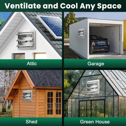 10 Solar Exhaust Fan for Greenhouse with Battery and Adjustable Thermostat, Attic Fans for Garage and Shed with 2PCS 15W Bifacial Solar Panels