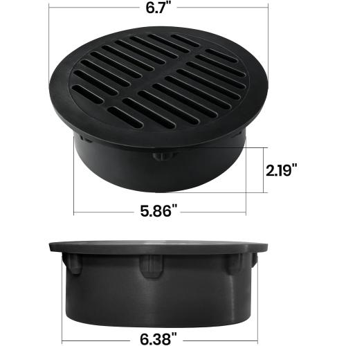 Calvana 4-Pack 6 Inch Round Drain Grate Cover for Yard Drainage, Plastic Outdoor Drain Cover for Lawn, Landscape and Patio, 6 Stormwater Drain Grate Replacement, Black