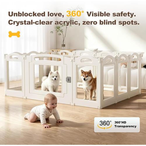 Foldable Clear Acrylic Dog Playpen with Door,  Acrylic Puppy Playpen, Easy Assemble Indoor Pet Fence with White Frame, Clear Dog Playpen for Puppies & Animal