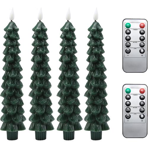 Fo32won Christmas Tree Shaped Flameless Candlesticks Battery Operated with Remote and Timer, Set of 4 Real Wax LED Taper Candles with 3D Flickering Wick for Christmas Decoration Gift