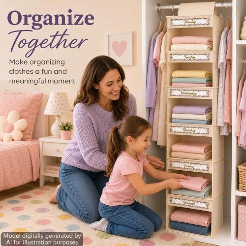 2 Pack 6 Shelf Weekly Clothes Organizer for Kids Hanging Daily Closet Organization White Background Colorful Confetti Decoration with Days of The Week Monday Through Friday Weekend Cards(Beige)