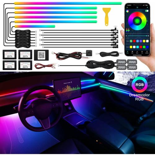 Dreamcolor Acrylic Interior Car LED Strip Light with Wireless APP, RGB 18 in 1 with 175 inches 593 LEDs Fiber Optic Ambient Lighting Kits, 16 Million Colors Sound Active Function Car Neon Lights