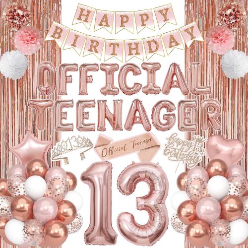 13th Birthday Party Decorations for Girls, Rose Gold Official Teenager Foil Balloons 13th Birthday Banner Fringe Curtain Crown Sash Paper Pompoms Cake Topper for 13 Year Old Girls Party Favor Supplies