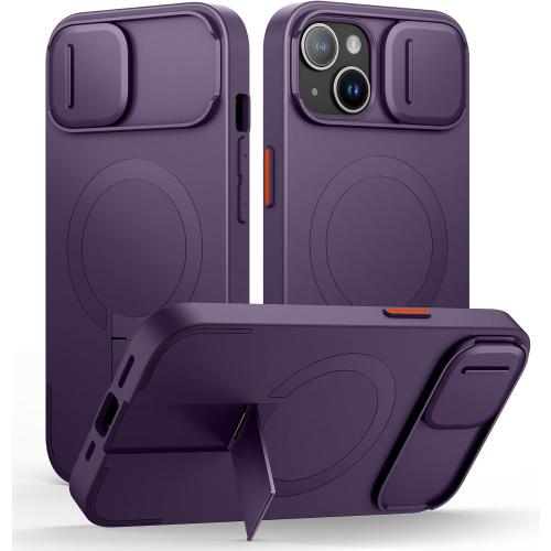 SURITCH for iPhone 15 Case with Magnetic Camera Slide Cover and Adjustable Kickstand, Compatible with MagSafe, Shockproof Bumper Case Slim Protective Cover 6.1 Inch, Dark Purple