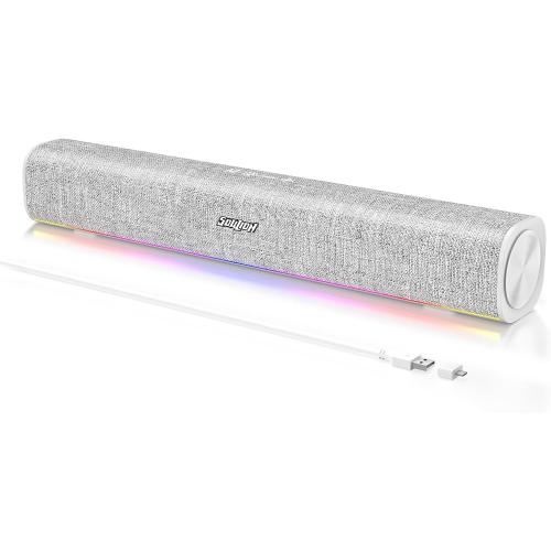 SOULION R100 Bluetooth Computer Speakers with Dynamic LED Light, USB Plug & Play PC Speakers with Switch Button, Clearly Sound Soundbar for Desktop Laptop Monitor White (USB-C to USB Adapter Included)
