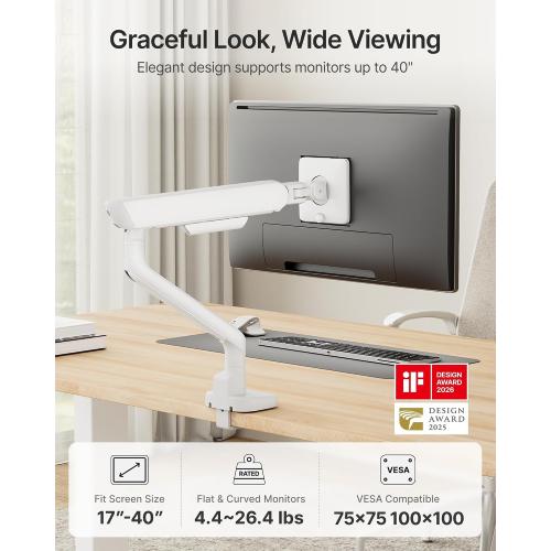 monTEK Mechanical Spring Single Monitor Arm with USB for 40in Screen White