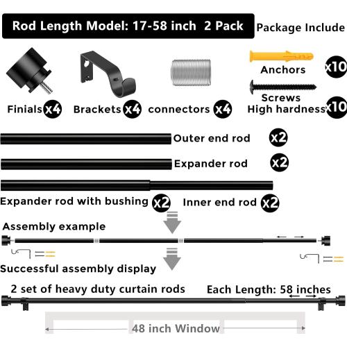 2 Pack Black Curtain Rod 17 to 58 inch for Window 48 inch, Adjustable Heavy Duty Thick Matte Black Modern 4 ft