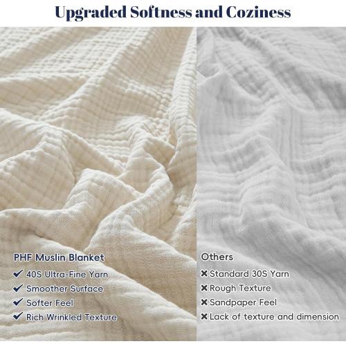 PHF 100% Cotton Muslin Blanket for Adults, Throw XL 50x70, Oat Milk