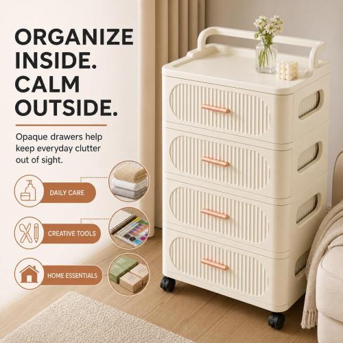 Rolling Storage Cart with 4 Drawers, Plastic Cabinet with Wheels, Raised-Edge Top and Push Handle, Mobile Organizer for Bedroom, Bathroom, Craft Room, Cream, 17.7 x 11.8 x 31.9 in