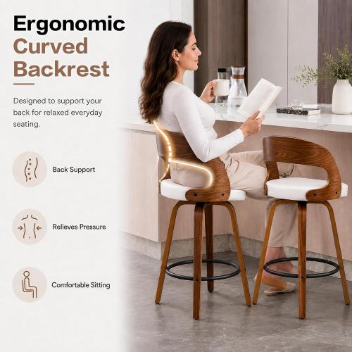 26 Swivel Upholstered Counter Height Bar Stools Set of 2 with Back, Cream