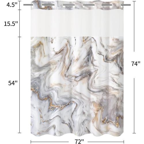 MitoVilla No Hooks Needed Marble Shower Curtain Set with Snap-in Liner, Modern