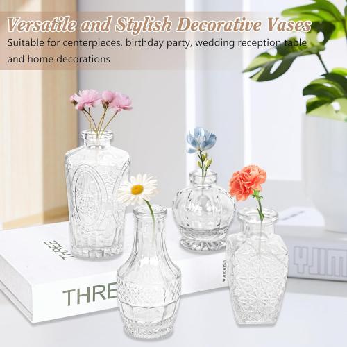 Set of 40 Glass Bud Vases, Small Clear Glass Vases in Bulk, Mini Vintage Embossed Flower Vase for Wedding, Centerpieces, Birthday Party, Home Table Decorations, Baby Shower (Clear)