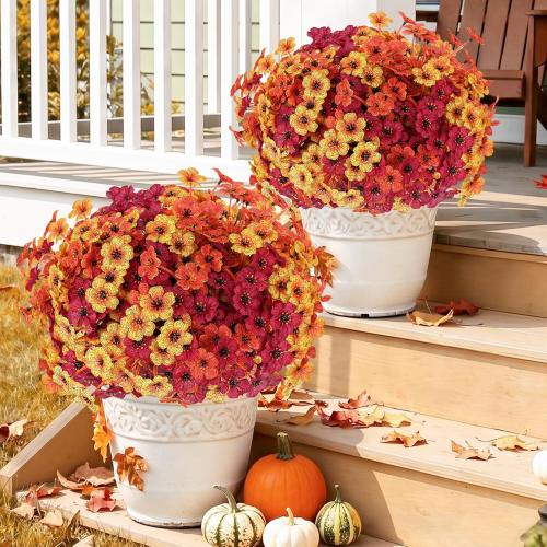 Powbrace 22 Pack Artificial Fall Flowers Mums for Outdoor Indoor(Fall Mix) | Fake Mums Plants Faux Fall Silk Flowers for Outdoors Outside Front Porch Hanging Planter Window Box Garden Fall Decoration