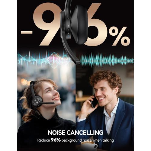 TECKNET Trucker Bluetooth Headset, Wireless Headset with Mic for Work, V5.2 Bluetooth Headphones with AI Noise Cancelling Microphone, 60H Battery, On-Ear Headphones for Call Center, Office, Drivers