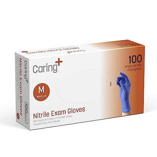 Caring Nitrile Exam Gloves (100ct), Powder Free and Not Made with Natural Rubber Latex, Gloves for Medical Use, Cleaning, Food Prep and More, Medium