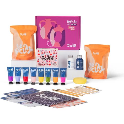 Sculpd - The Original Pottery Kit for Adults - Includes Air Dry Clay for Adults, Sculpting Tools, Varnish, Paint Brushes, Guides, Couples Date Night Arts & Crafts Set, Gloss Varnish with Floral Tones