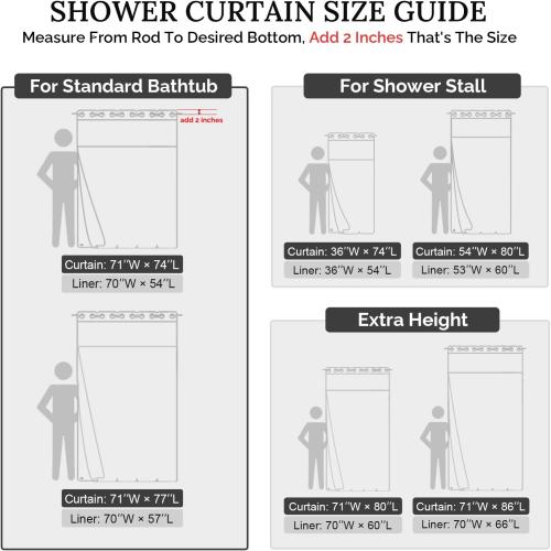 RiverDream Farmhouse No Hooks Shower Curtain with Snap-in Liner,Black,71x74
