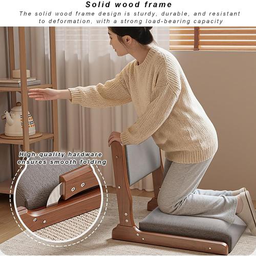 Foldable Japanese Tatami Chair, Solid Wood Legless Floor Chair with Breathable Linen Seat & Back Support, Meditation for Bedroom, Balcony, Bay Window, Walnut gray